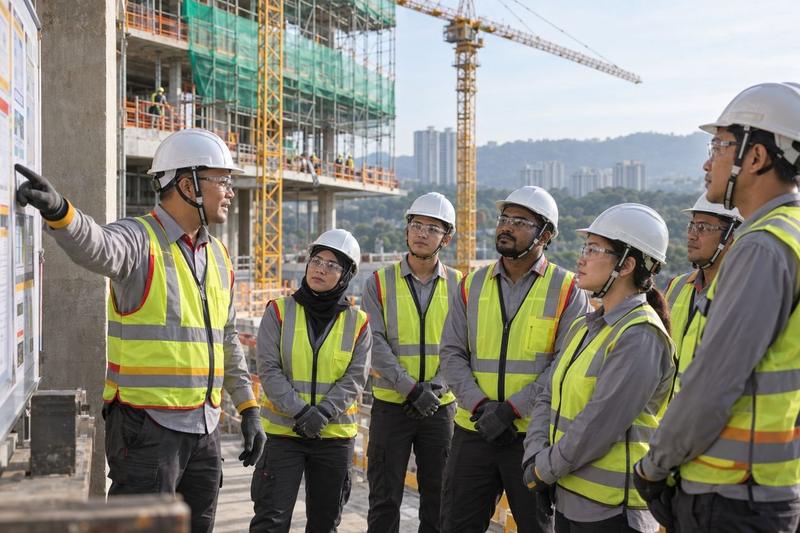 A site team at a toolbox briefing in front of a building under construction